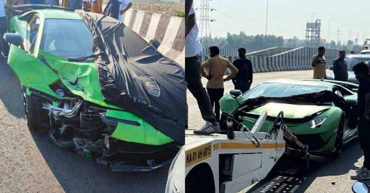 Lamborghini Aventador SVJ green crashed in Bangalore