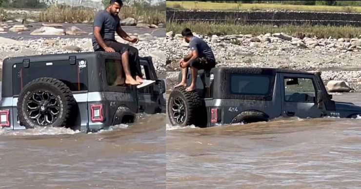 Mahindra Thar owner stuck in river