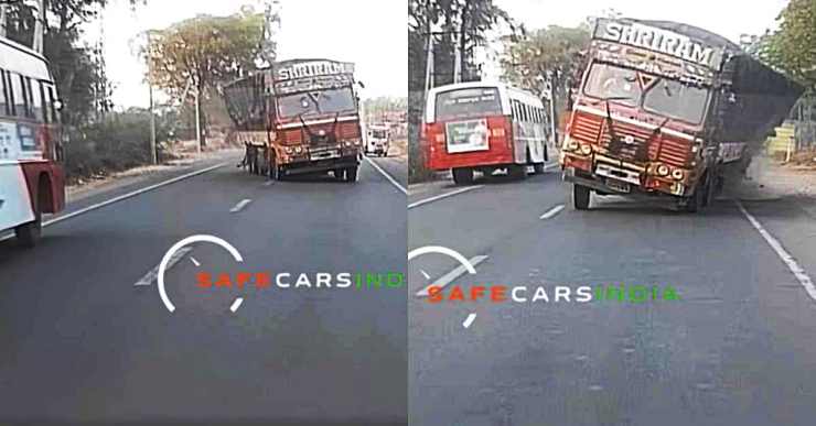 Careless Auto Driver Brakes, Fast Truck Driver Barely Avoids Overturning