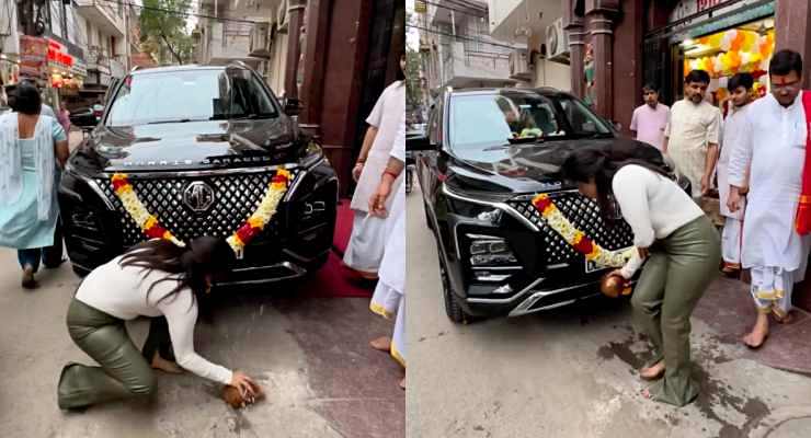 actress performing hindu rituals for her new MG Hector