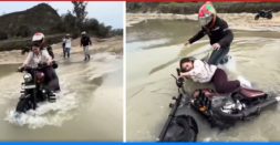 Girl Riding Jawa 42 Bobber Bike Has A Fall In The River [Video]