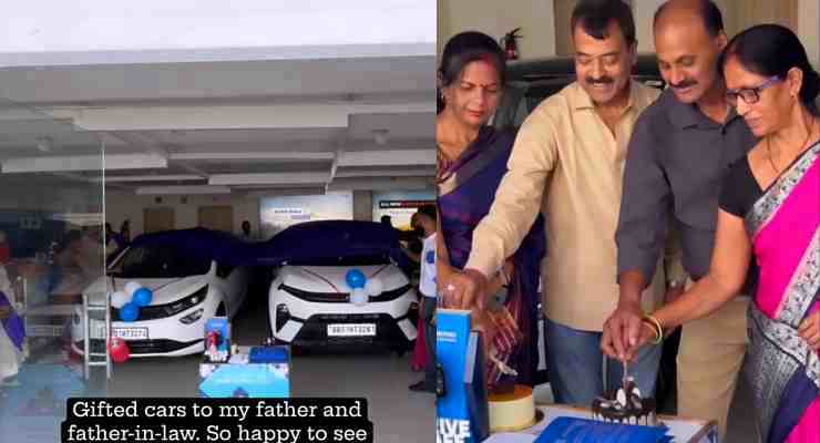 woman gifts father and father-in-law cars
