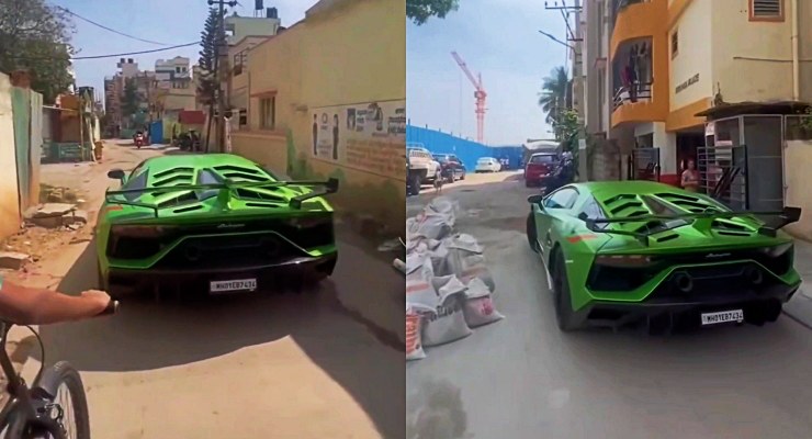 Lamborghini Aventador SVJ driving through tight street