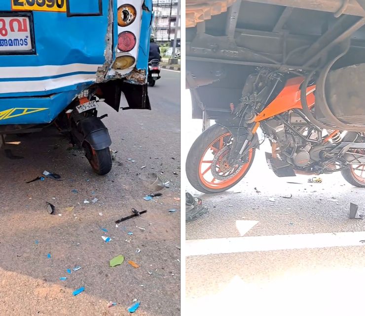Recklessly Ridden KTM Stuck In Rear Of A Bus: Rider And Pillion Safe [Video]