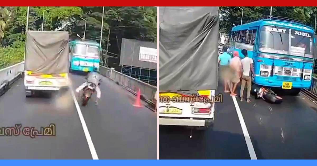 reckless biker overtakes truck narrow bridge escapes under bus reckless biker overtakes truck narrow bridge escapes under bus