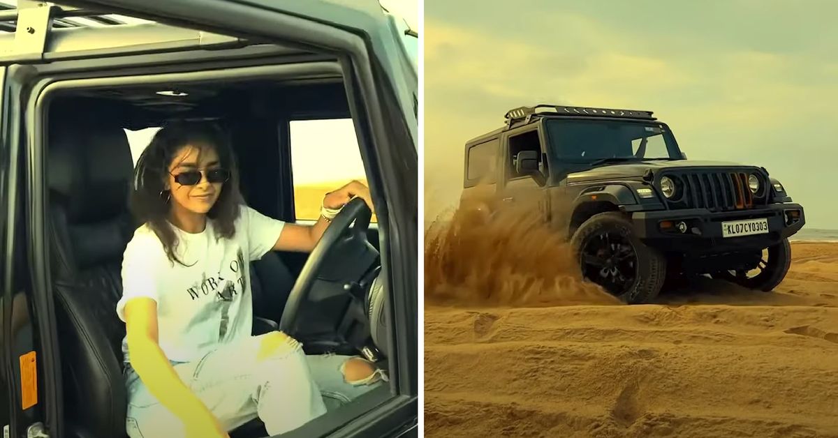 Keerthy Suresh driving Thar on beach Keerthy Suresh driving Thar on beach