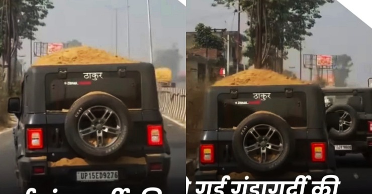 Mahindra Thar with dirt on top stunt